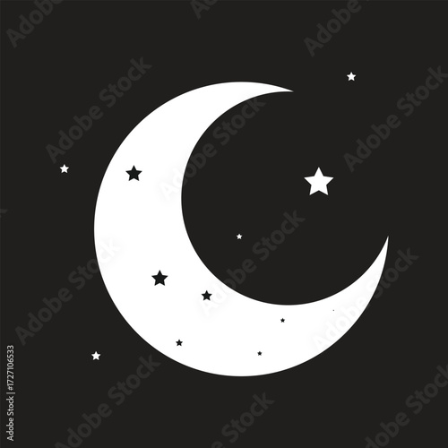 Crescent moon and stars on a black background, creating a calm and elegant night sky design. Perfect for astronomy themes, dream-inspired artwork, celestial branding, and evening-related projects.