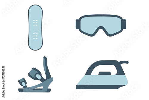Essential snowboarding gear including snowboard, goggles, bindings, and iron for maintenance