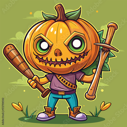 A whimsical and slightly menacing pumpkin-headed character is depicted with a wide, toothy grin and glowing green eyes, holding a baseball bat and a pickaxe, ready for Halloween festivities.