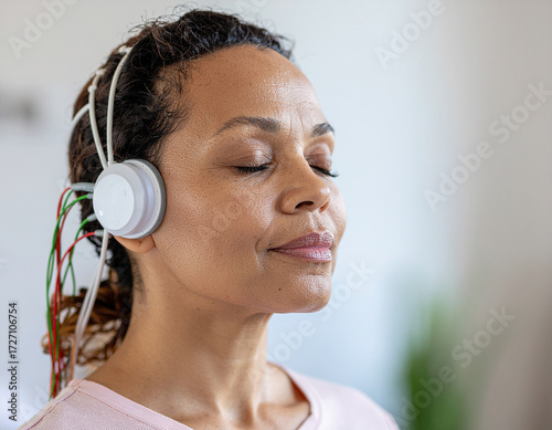 Woman undergoing a brain scan with closed eyes meditations 