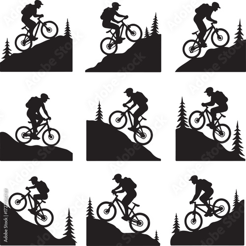 Mountain biker silhouettes riding downhill on rocky terrain