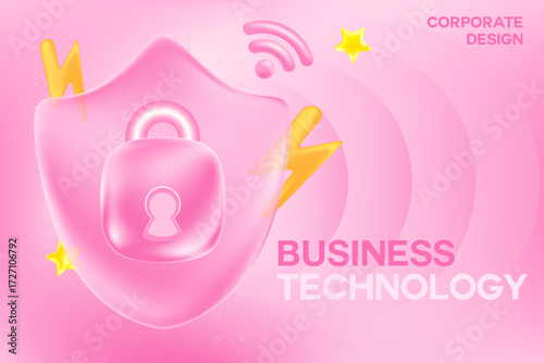 Light pink 3D glass cute shield with padlock icon. Futuristic network security blurred gradient background with copy space. Digital business technology banner, infographic vector.
