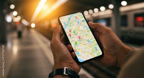 Navigating city transit using mobile maps train station digital guide urban setting view