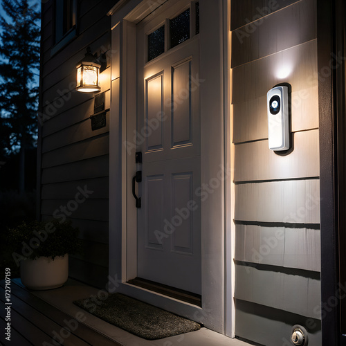 Wallpaper Mural A smart doorbell and security camera system installed on the front door of a house at dusk time Torontodigital.ca
