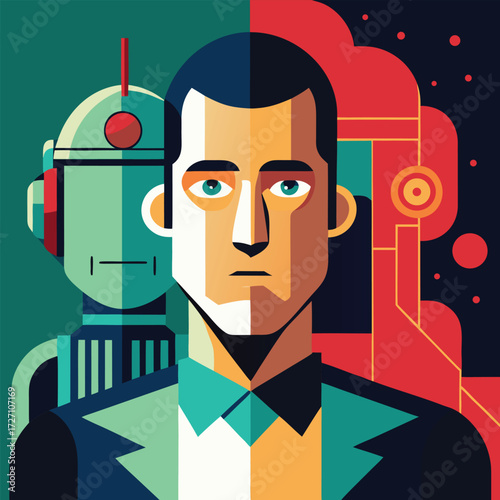 A striking digital artwork depicting the duality of humanity and artificial intelligence. The man's stoic face is contrasted with the robotic silhouette, exploring themes of technology and the future.