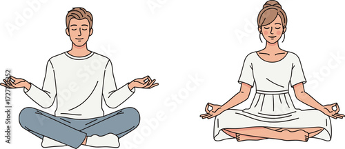 Cartoon Lifestyle Icons Featuring Meditating Individuals in Cross-Legged Pose, Calm Mood, Wellness Theme, and Mindfulness Practice Scene
