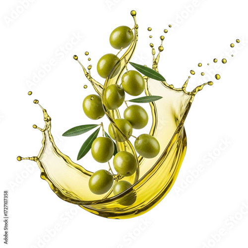 Fresh green olives with a splash of golden olive oil isolated on transparent background