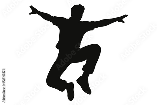 Silhouette of a man jumping with outstretched arms isolated on white background, conveying freedom, energy, and the thrill of movement and achievement vector