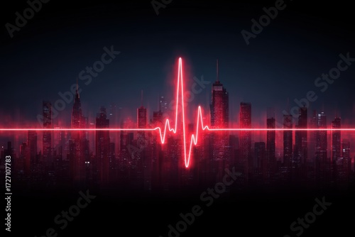 Pulse Wave Over City Skyline at Night with Red Neon Effect