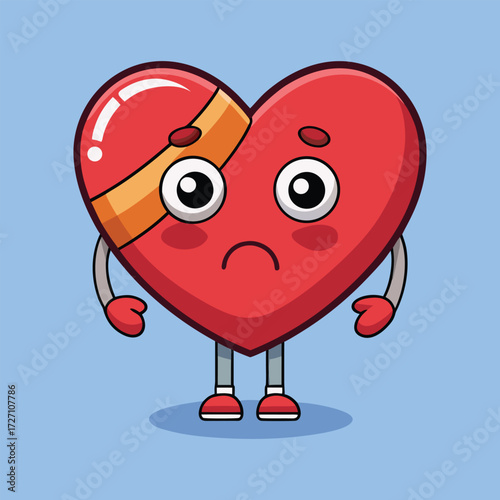 A sad, red heart character with bandages and a melancholic expression, standing on robotic legs. This imagery conveys feelings of heartbreak, sadness, and the need for emotional recovery.