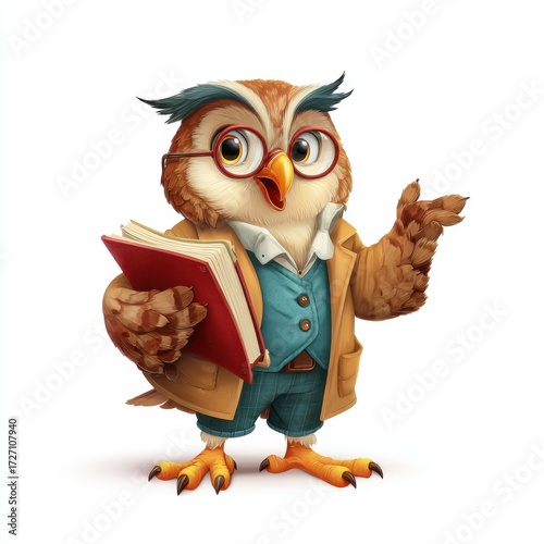 Wise Owl Character in Glasses Holding a Book with a Scholarly Pose
