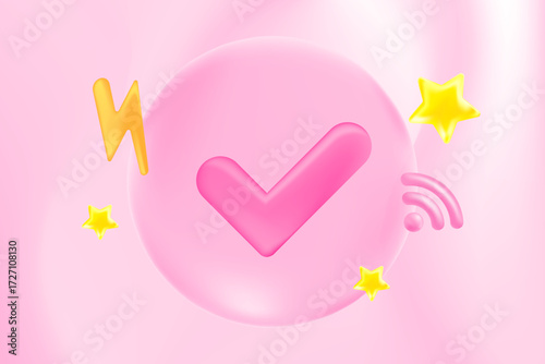 Light pink 3D glass check icon. Futuristic cute system network blurred gradient background with copy space. Digital technology banner, infographic vector.