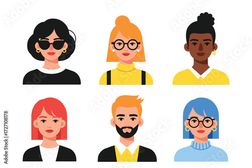 Diverse group of people with different hairstyles, skin tones, and accessories, isolated on white background, in a vector illustration vector