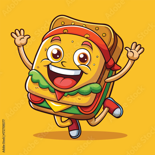 An animated sandwich character beams with excitement, arms outstretched and legs mid-stride, conveying pure happiness and energetic movement in a playful, vibrant style.