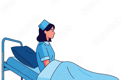 A nurse in blue uniform sitting on a hospital bed isolated on white background, resting and recovering after a long shift at the medical facility vector