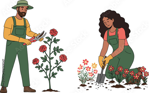 Cartoon Lifestyle Icons Featuring Flower Pruning and Planting Activities, Calm Mood, Nature Theme, and Outdoor Gardening Scene with Blossoms