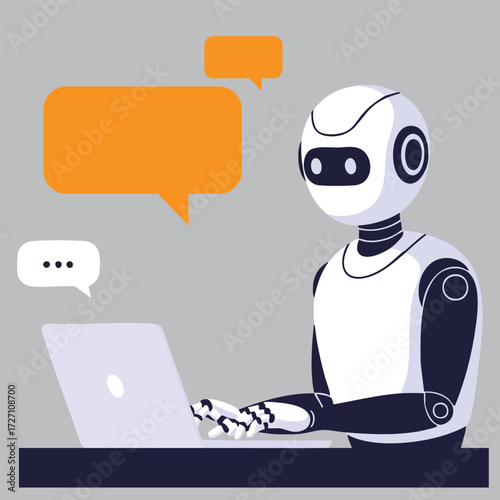Robot using a laptop and communicating with speech bubbles on gray background