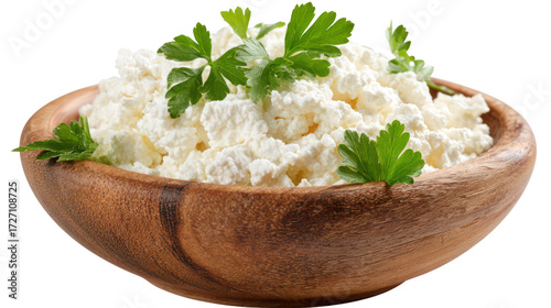 Fresh cottage cheese topped with parsley in a wooden bowl