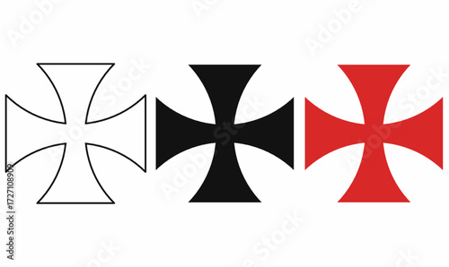 cross pattee or cross patty, also known as a cross formee,cross formy symbol set in outline, silhouette and red style, heraldic medieval cross, templar emblem, gothic religious sign used in design.