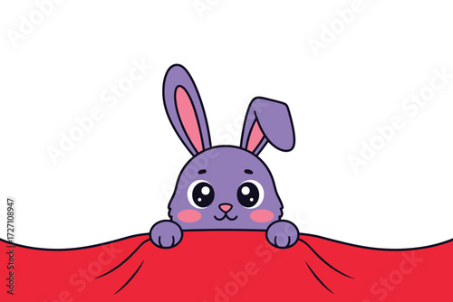 A cute purple bunny peeking over a red blanket isolated on white background, evoking feelings of warmth, comfort, and playful curiosity in its simple design vector