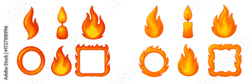 Colorful collection of flame and fire icons in bright orange and yellow tones for design projects