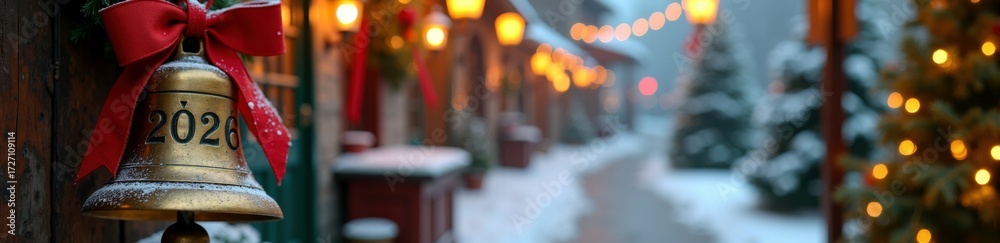 Fototapeta premium Festive christmas street with snowy decor and bell ringing in 2020 holiday season