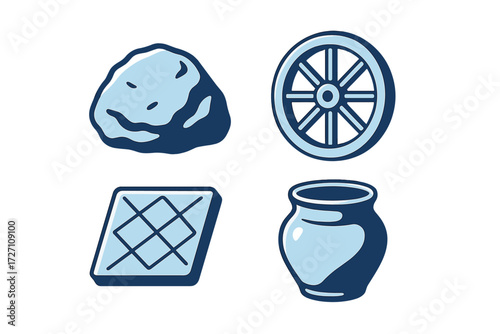 Creative representations of natural and cultural elements in a simple artwork showcasing stone, wheel, tile, and pot