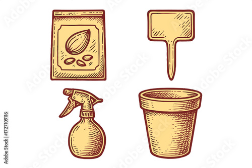 Gardening supplies including seeds, spray bottle, shovel, and pot for planting at home