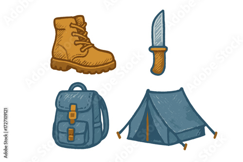 Essential camping gear including boots, knife, backpack, and tent for outdoor adventures