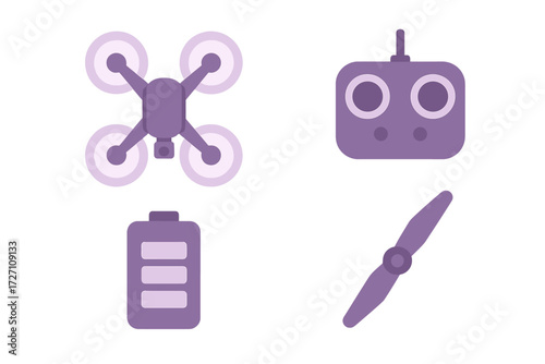 Various components of a drone including the main body, remote control, battery, and propeller displayed in a simple layout