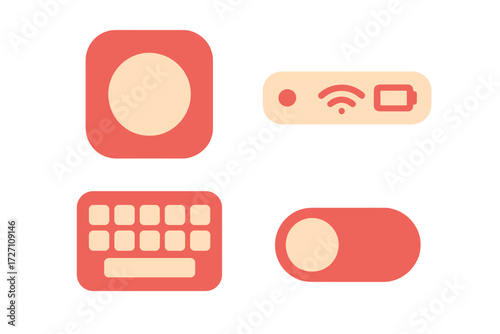 Colorful design elements featuring buttons, keyboard, and icons depicting technology and connectivity