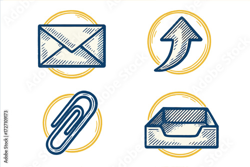 Digital icons representing email, upward movement, paperclip, and folder in a simple design