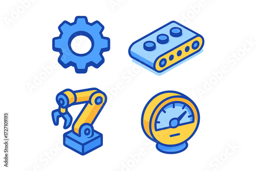 Icons representing mechanical tools and devices used in engineering and manufacturing processes in a simplified digital style