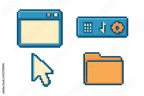 Pixel art depicting computer interface elements in a minimalist style showcasing buttons, cursor, and folders