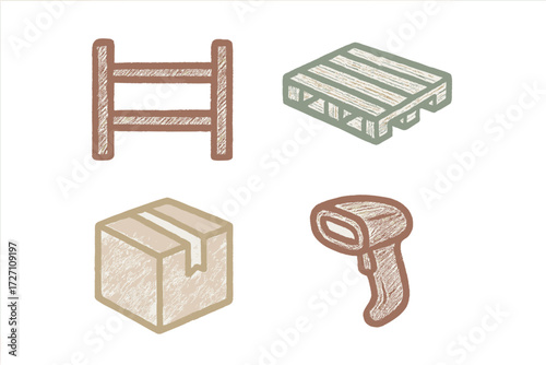 Wooden pallet and barcode scanner are essential tools for packaging and logistics in warehouses, featuring boxes and pallets in a simple design