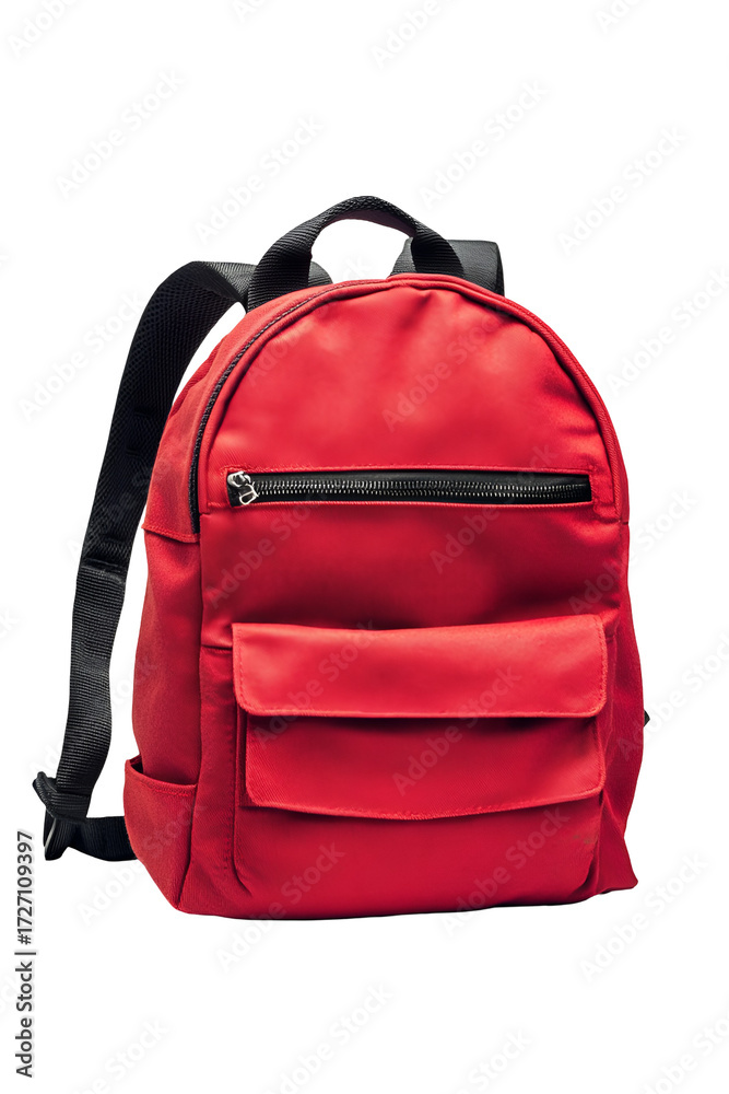 Fototapeta premium Red backpack with black straps isolated on transparent background