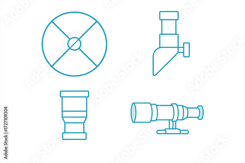 Different types of piping and measuring equipment designed for various engineering applications in a simple blue outline style