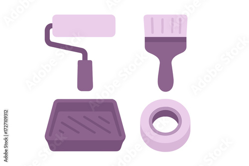 Paint supplies for home renovation projects in shades of purple displayed on a clean surface