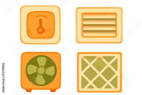 Collection of decorative ventilation and air conditioning elements in warm colors for home design themes