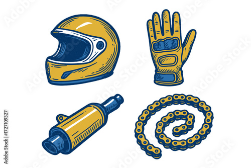 Motorcycle gear, tools, and safety equipment including helmet, gloves, exhaust, and chain for riders and enthusiasts