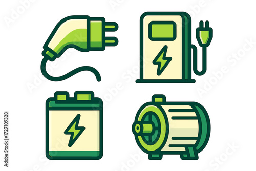 Energy icons showing charging plug, fuel station, battery, and motor in clean and modern design