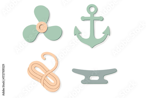 Stylish marine-themed design elements featuring an anchor, propeller, clip, and rope knot suitable for various creative projects