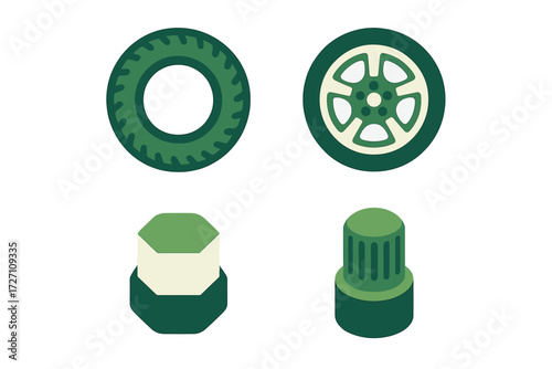 Different types of green vehicle wheels and parts displayed on a white background for design or illustration purposes