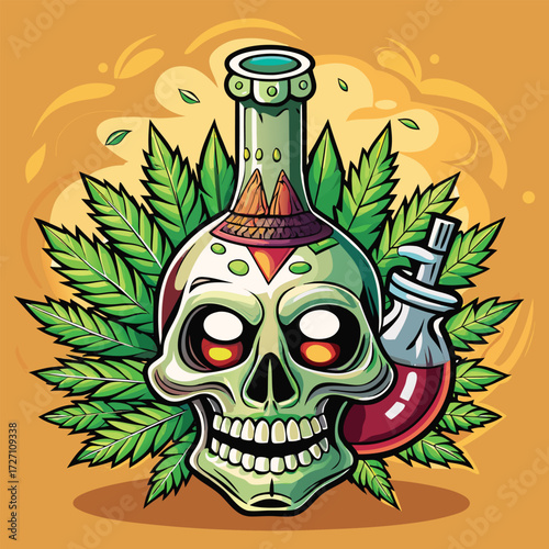 A vibrant, stylized skull bottle with glowing eyes, surrounded by cannabis leaves and bubbling potions. This imagery evokes themes of alchemy, Halloween, and potentially mind-altering substances.