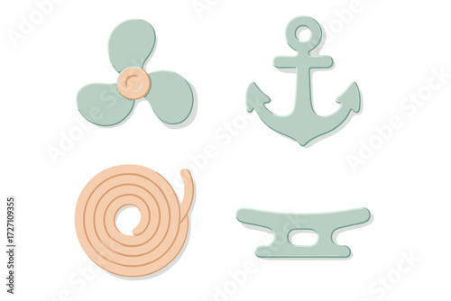 Colorful nautical themed shapes including a propeller, anchor, rope, and cleat on a clean background