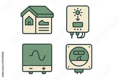 Icons representing home energy management and monitoring systems for sustainable living and eco-friendly practices