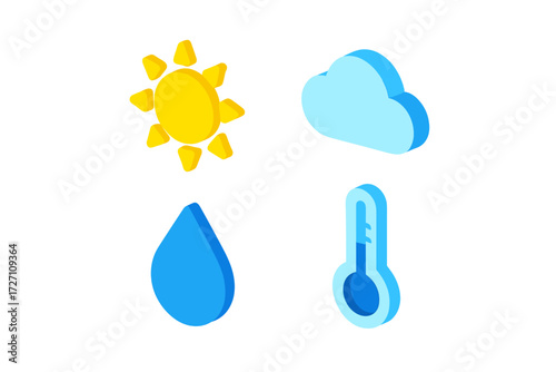 Weather icons representing sun, cloud, raindrop, and thermometer in a vibrant, colorful design
