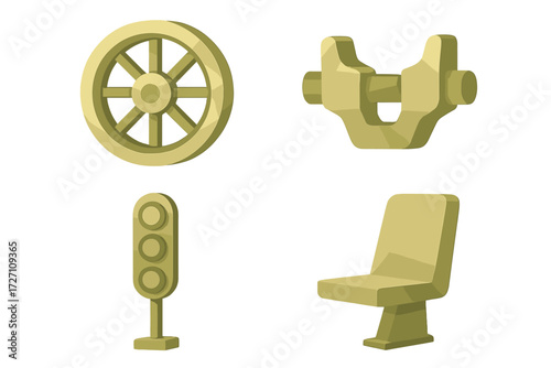 Four simple geometric shapes representing a wheel, connector, traffic light, and chair in a minimalist style