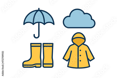 Rainy day essentials including umbrella, raincoat, boots, and clouds
