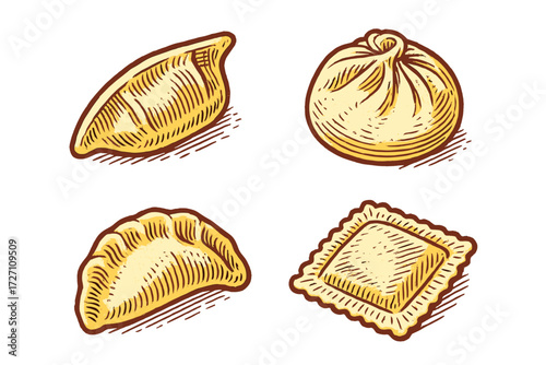 Variety of dumplings and filled pasta in a hand-drawn style on a white background